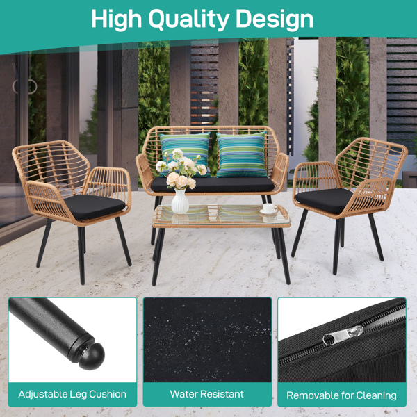 4-Piece Patio Furniture Outdoor Bistro Set, All Weather Rattan Conversation Bistro Loveseat Chair and Table Set for Backyard Balcony Deck