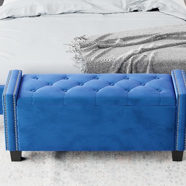 Upholstered Velvet Storage Bench for Bedroom, End of Bed Bench with Rivet Design, Tufted Foot Rest Stool,Blue