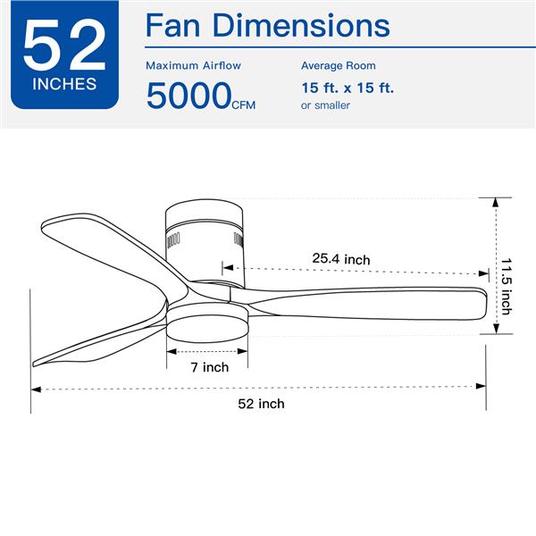 Flush Mount Ceiling Fan with Integrated LED Light in Solid Wood Blades