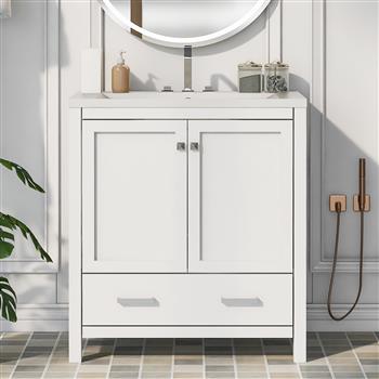 30\\" White Bathroom Vanity with Single Sink, Combo Cabinet Undermount Sink, Bathroom Storage Cabinet with 2 Doors and a Drawer, Soft Closing, Multifunctional Storage, Solid Wood Frame