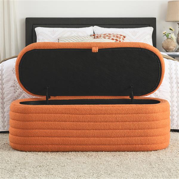 [Video]  Length 45.5 inchesStorage Bench Upholstered Fabric Storage Bench End of Bed Stool with Safety Hinge for Bedroom, Living Room, Entryway, orange teddy.