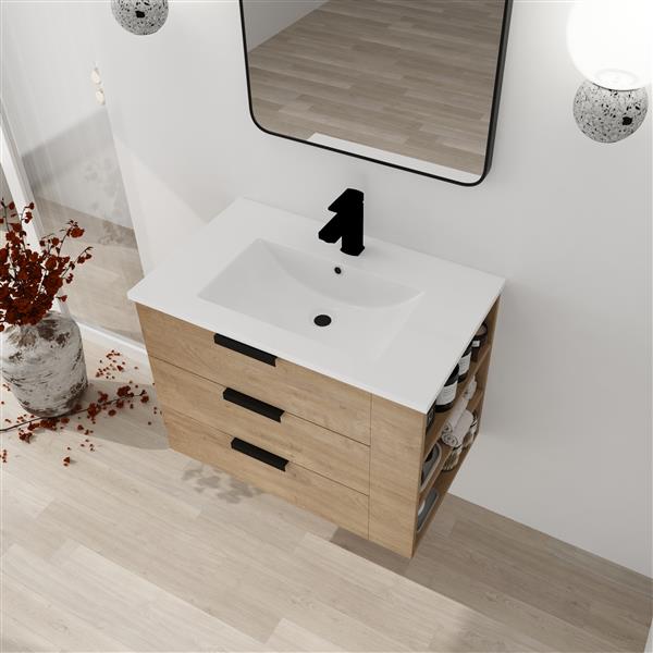 30 Inch Wall Mounting Bathroomg Vanity With Sink, Soft Close Drawer and Side Shelf