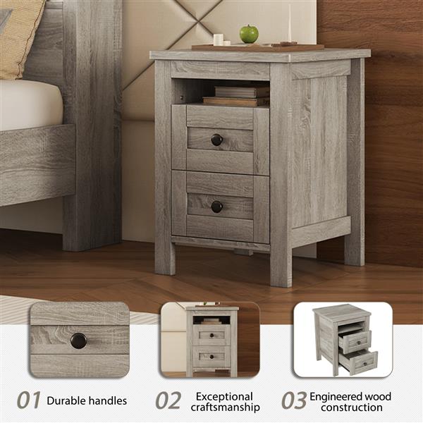 2-Drawer Farmhouse Wooden Nightstand with Well-proportioned Design and Sleek Lines, Wood Side Table with Storage Cabinet for Bedroom, Antique Gray