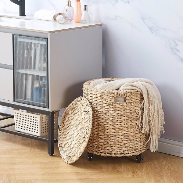 Vintage Storage Basket, Multipurpose Rolling Hamper With Brakable Wheels and Lid, Braid Laundry Bin, Handwave Clothes Toy Organizer Tote for Living Room