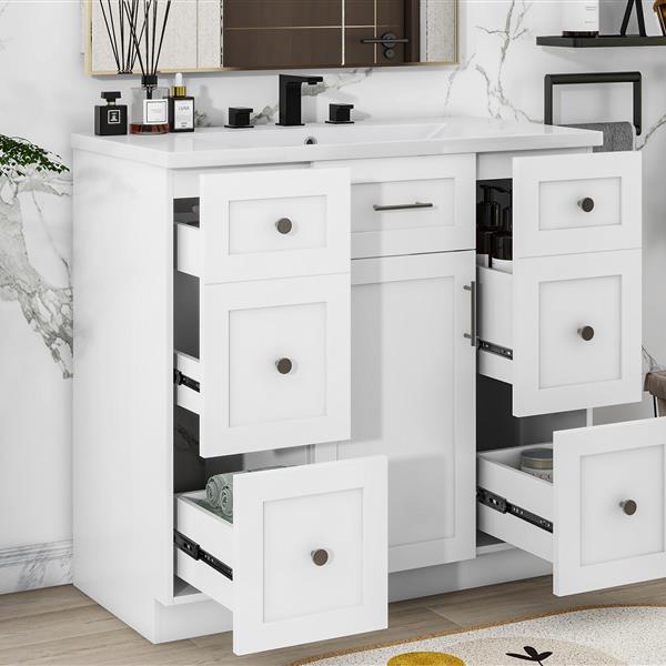 Modern White 36-Inch  Bathroom Vanity Cabinet with Resin Integrated Basin - With 4 drawers 1 Soft-Close Door, Multi-Functional Storage