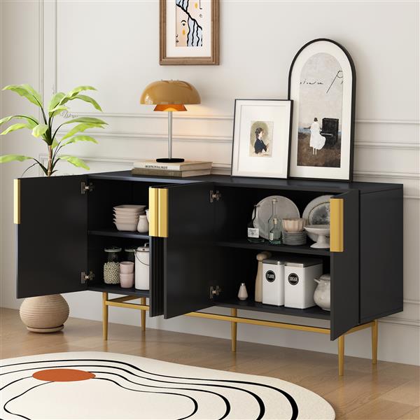 Modern Elegant 4-door Sideboard Gold Metal Handle Buffet Cabinet for Dining Room, Living Room, Bedroom, Hallway (Black)