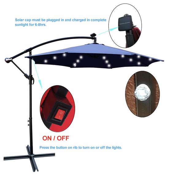 10 ft Outdoor Patio Umbrella Solar Powered LED Lighted Sun Shade Market Waterproof 8 Ribs Umbrella with Crank and Cross Base for Garden Deck Backyard Pool Shade Outside Deck Swimming Pool