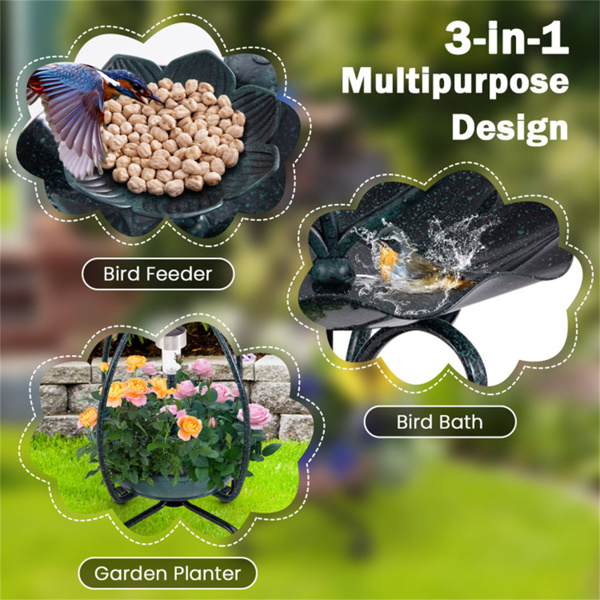 Dark green Solar Bird Bath Feeder Combo with Flower Planter Pedestal and Solar Lights