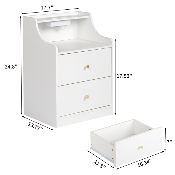 FCH White particleboard with triamine Matt gold tapered handle 45*35*63cm 2 drawers with compartments Bedside table 1 wireless + 2 USB ports + 2 US standard three-pin ports