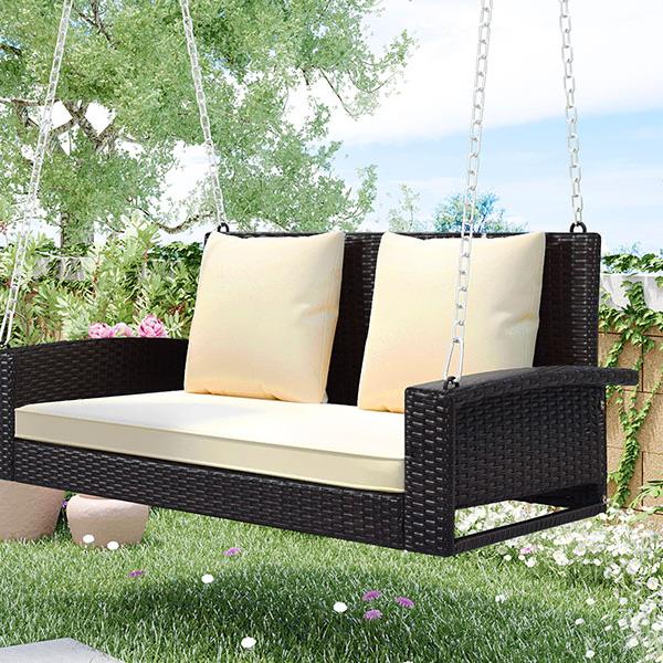 2-Person Wicker Hanging Porch Swing with Chains, Cushion, Pillow, Rattan Swing Bench for Garden, Backyard, Pond. (Brown Wicker, Beige Cushion)