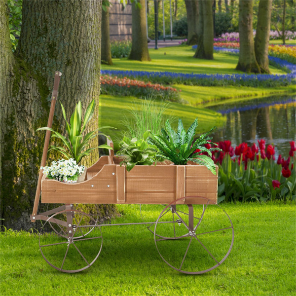 Wooden plant frame with wheels, Brown planting pot