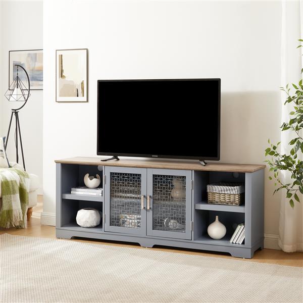 Modern Farmhouse TV Media Stand, Large Home Entertainment Console, for TV Up to 80'', with Open Shelves and Glass Door Cabinets, Light Blue and Light Oak, 70"W*15.55"D*26.85"H