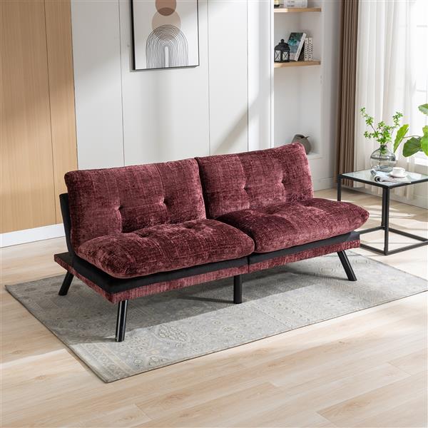 Convertible Sofa Bed  Loveseat Futon Bed Breathable Adjustable Lounge Couch with Metal Legs,Futon Sets for Compact Living Space  Chenille- Wine Red