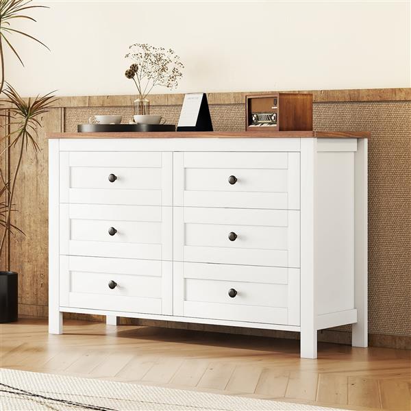 Retro Farmhouse Style Wooden Dresser with 6 Drawer, Storage Cabinet for Bedroom, White+Brown