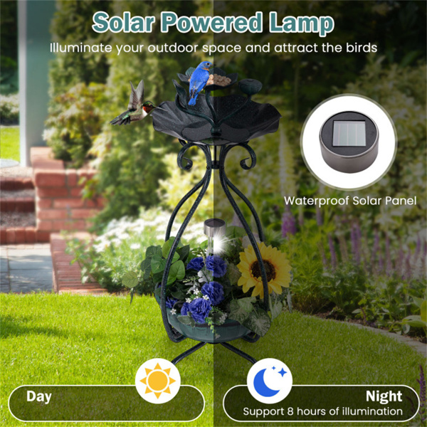 Dark green Solar Bird Bath Feeder Combo with Flower Planter Pedestal and Solar Lights