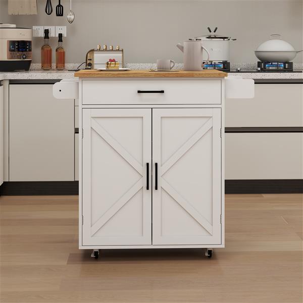 Kitchen island rolling trolley cart with Adjustable Shelves & towel rack & seasoning rack rubber wood table top-White