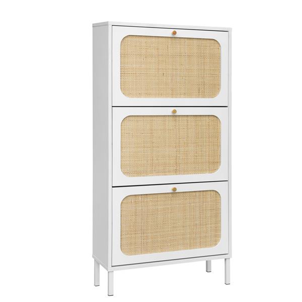 Natural Rattan 3 Door Shoe Rack,  Modern Shoe Storage Cabinet, for Entryway