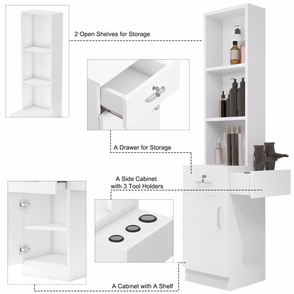 Barber Salon Work Station for Hair Stylist Locking Salon Equipment Barber Supplies Organizer Cabinet Barbershop Furniture w/Appliance Holders(White)