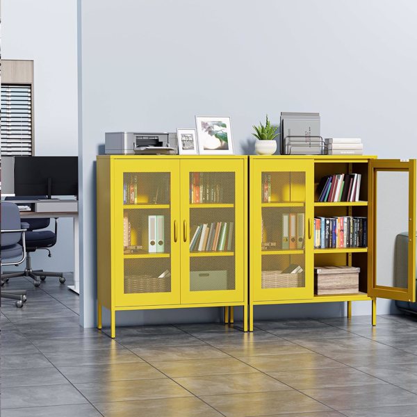  Metal Storage Cabinet with Mesh Doors, Liquor Cabinet with Adjustable Shelves for Kitchen,  Living Room, Home Office, yellow