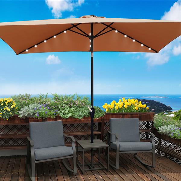 10 x 6.5t Rectangular Patio Solar LED Lighted Outdoor Market Umbrellas with Crank & Push Button Tilt for Garden Shade Outside Swimming Pool