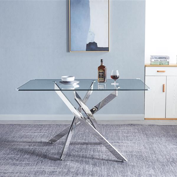 Modern Glass Table for Dining Room/Kitchen, 0.39" Thick Tempered Glass Top, Chrome Stainless Steel Base