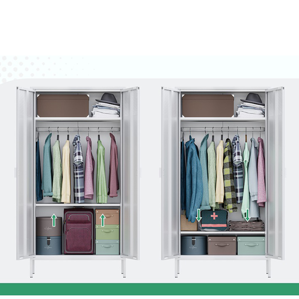 There are air holes above the door of the white wardrobe, and a storage layer (the height of the layer board can be adjusted) above and below the inside to fix the hanger bar