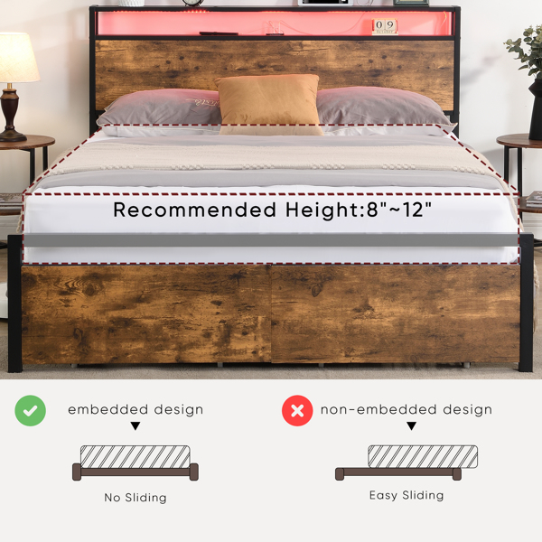 Full Size Bed Frame with Storage Headboard and 2 Drawers, LED Lights Bed with Charging Station, Metal Platform Bed No Noise, Mattress Foundation Strong Metal Slats Support No Box Spring Needed