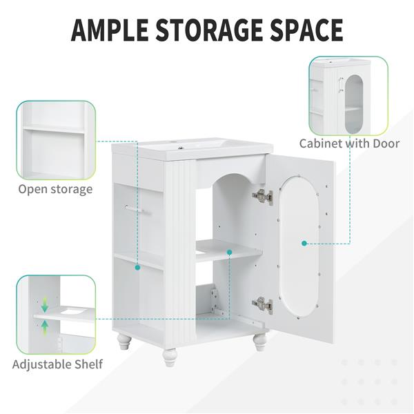 20" Bathroom Vanity with Sink, Bathroom Vanity Cabinet with Two-tier Shelf, Adjustable Shelf, Solid Wood and MDF, White