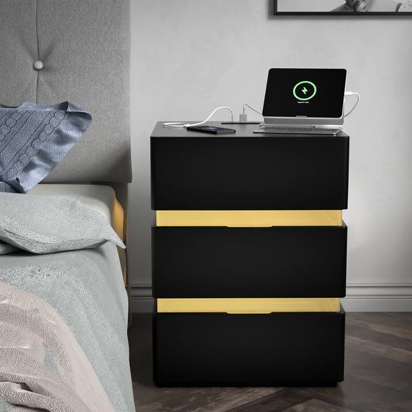 RGB LED With with Charging Station and USB Ports 3 Drawer Side Cabinet Bedside Table Nightstand BLACK