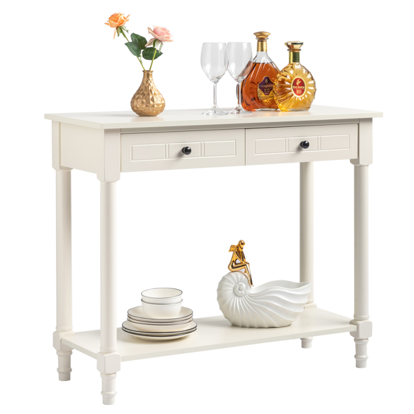 2-Tier Console Table with 2 Drawers， Console Tables for Entryway, Sofa Table with Storage Shelves, Entryway Table Behind Sofa Couch, for Living Room, Kitchen, Cream White