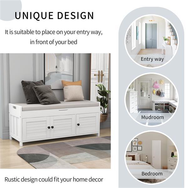 Storage Bench with 3 Shutter-shaped Doors, Shoe Bench with Removable Cushion and Hidden Storage Space