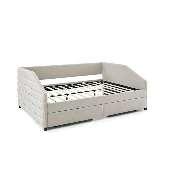 Queen Size Daybed with Two Drawers Trundle Upholstered Tufted Sofa Bed, Linen Fabric, Beige (88"x64.5"x34")