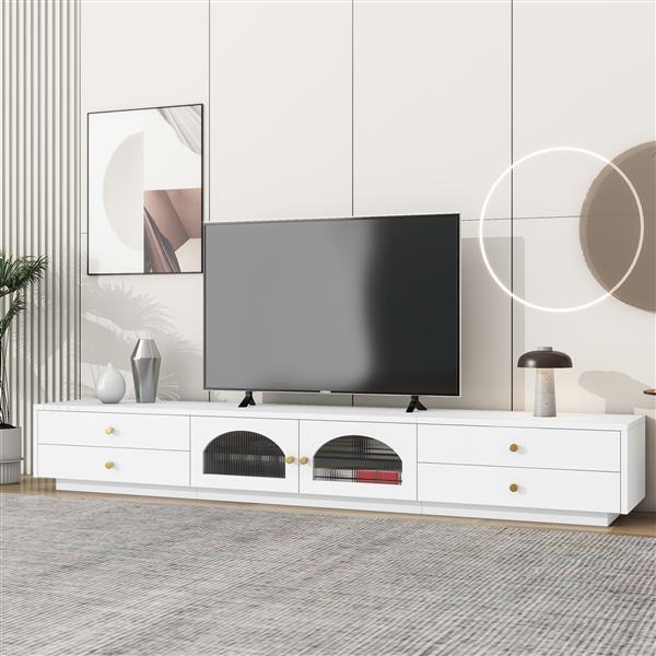 Luxurious TV Stand with Fluted Glass Doors, Elegant and Functional Media Console for TVs Up to 95'', Tempered Glass Shelf TV Cabinet with Multiple Storage Options, White