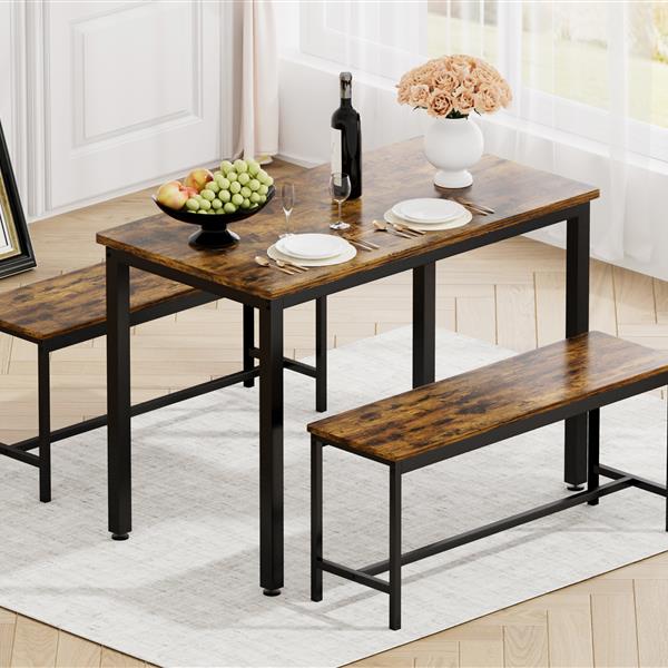 Dining Table Set, Bar Table with 2 Dining Benches, Kitchen Table Counter with Chairs, Industrial for Kitchen Breakfast Table, Living Room, Party Room, Rustic Brown and Black,43.3″L x23.6″W x 29.9″H