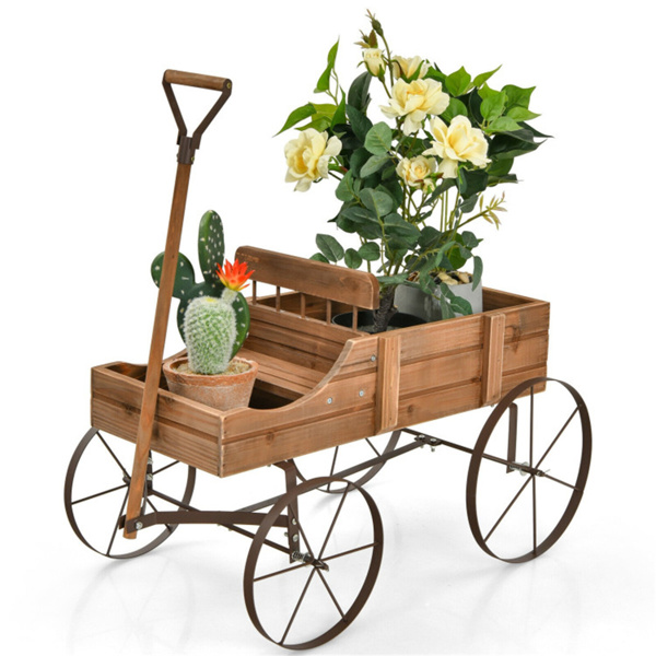 Wooden plant frame with wheels, Brown planting pot