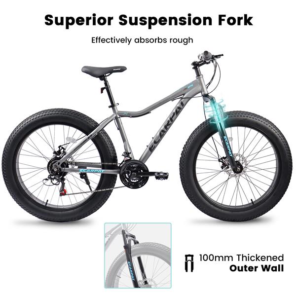 26 Inch Fat Tires Mountain Bike, 4-Inch Wide Wheel, 21-Speed Disc Brakes, Mens Womens Trail Beach Snow Commuter City Mountain Bike, Carbon Steel Frame Front Fork Bicycles