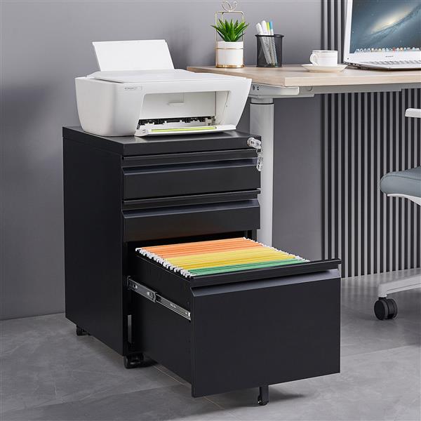 3-Drawer Mobile File Cabinet with Lock, Office Storage Filing Cabinet for Legal/Letter Size, Pre-Assembled Metal File Cabinet Except Wheels Under Desk(Black)