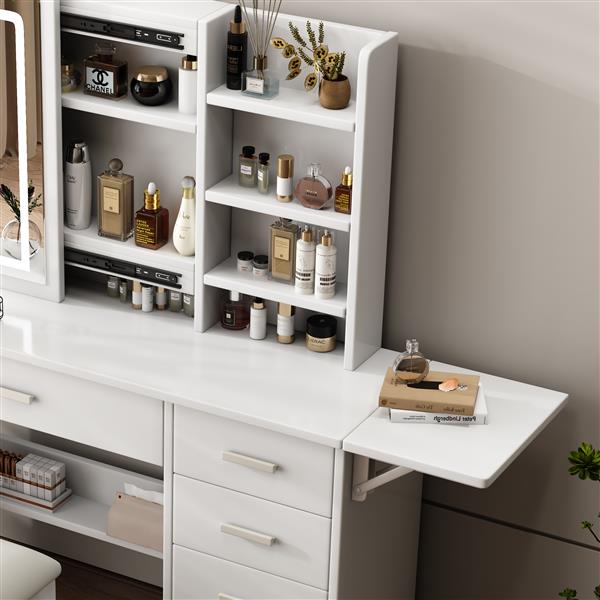 Fashion Vanity Desk with Mirror and Lights for Makeup with open shelves and Chair, Vanity Mirror with Lights and Table Set with 3 Color Lighting Brightness Adjustable, 5 Drawers, White Color