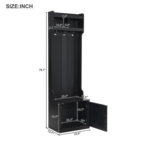 Minimalist Slim Hall Tree with Cabinet & 6 Hanging Hooks, Multi-functional Storage Bench with Coat Rack, Elegant Foyer Cabinet for Hallway, Living room, Black