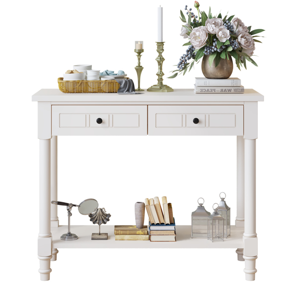 2-Tier Console Table with 2 Drawers， Console Tables for Entryway, Sofa Table with Storage Shelves, Entryway Table Behind Sofa Couch, for Living Room, Kitchen, Cream White