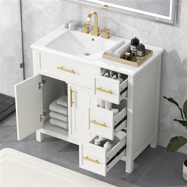 36" Bathroom Vanity with Sink Top, Bathroom Vanity Cabinet with Two Doors and Three Drawers, Solid Wood , MDF Boards ,One Package, Off White