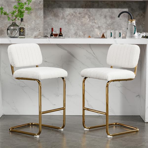 Mid-Century Modern Counter Height Bar Stools for Kitchen Set of 2, Armless Bar Chairs with Gold Metal Chrome Base for Dining Room, Upholstered Fabric Counter Stools,Ivory