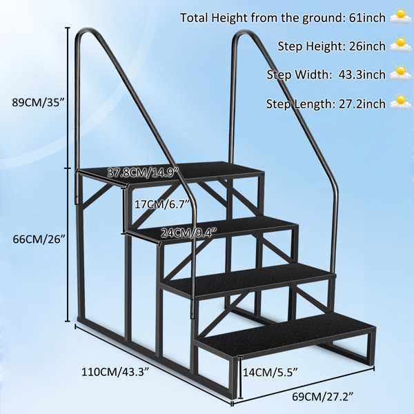 4 Step Ladder with Handrail, Swimming Pool Ladder Above Ground, 660 lb Load Capacity RV Steps with Anti-Slip Panel, Mobile Home Stairs for Reaching and Getting High