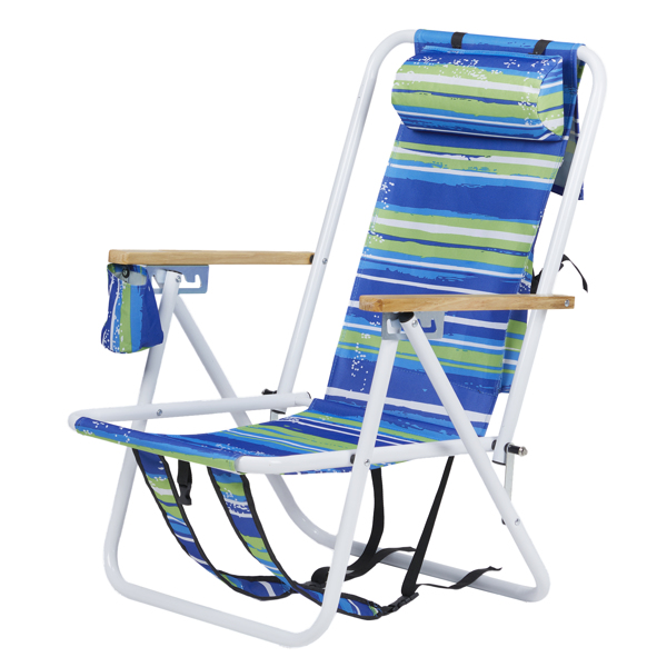 Folding Beach Chair Set of 2 for Adults, 4 Position Portable Backpack Foldable Camping Chair with Headrest Cup Holder and Wooden Armrests, Blue & Green Stripes