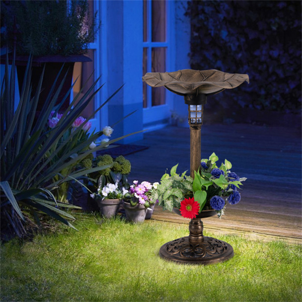 Bronze Standing Pedestal Birdbath and Feeder Combo with Solar Powered Lamp