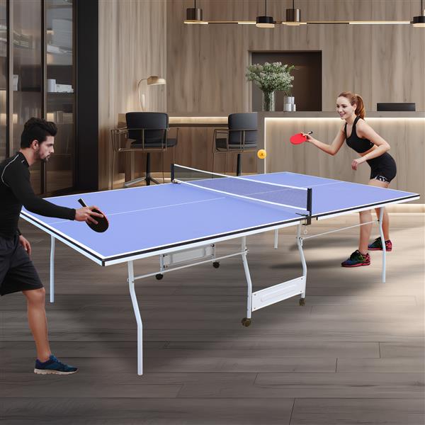 9ft Mid-Size Table Tennis Table Foldable & Portable Ping Pong Table Set for Indoor & Outdoor Games with Net, 2 Table Tennis Paddles and 3 Balls