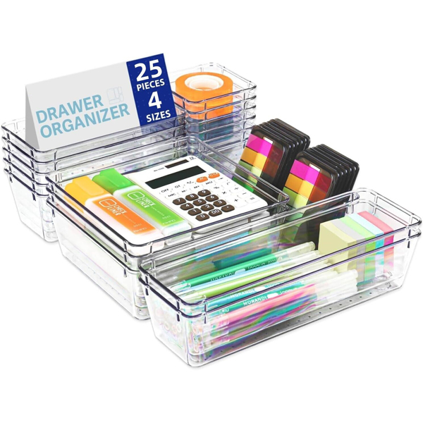 25Pcs Draw Organiser Plastic Box Desk Drawer Fridge Trays Makeup Storage Divider