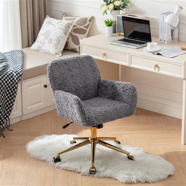 Furniture Office Chair,Artificial rabbit hair Home Office Chair with Golden Metal Base,Adjustable Desk Chair Swivel Office Chair,Vanity Chair(Gray)