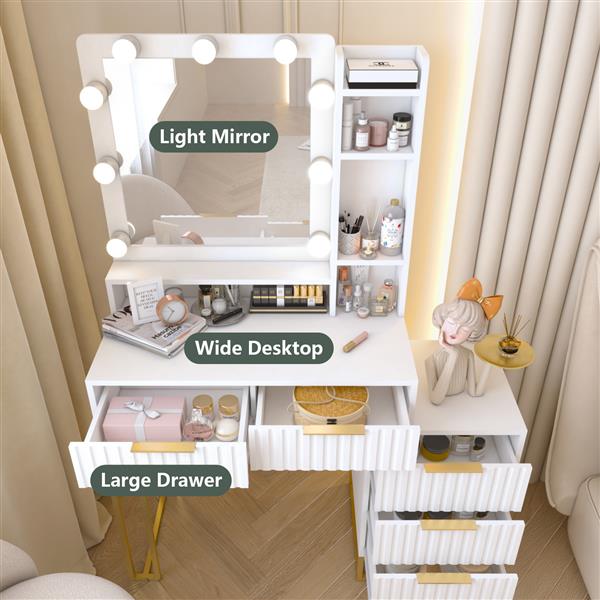 Makeup Vanity Desk with Mirror and Lights, Vanity Table, 5 Drawers, Side Cabinet, Storage Shelves for Bedroom, White