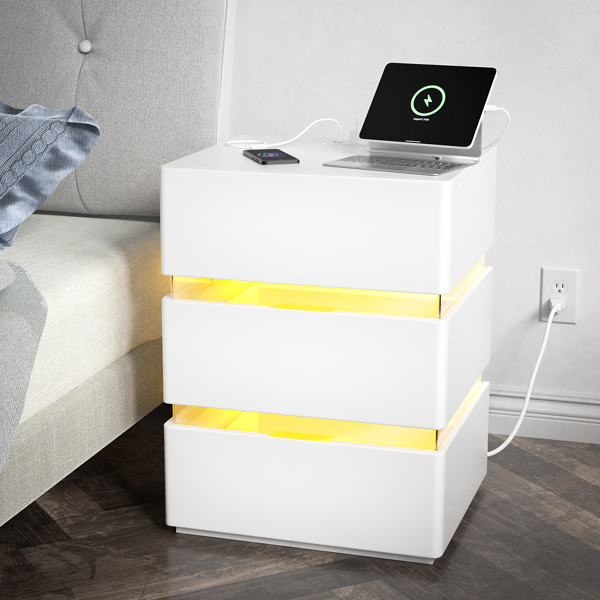 RGB LED With with Charging Station and USB Ports 3 Drawer Side Cabinet Bedside Table Nightstand White